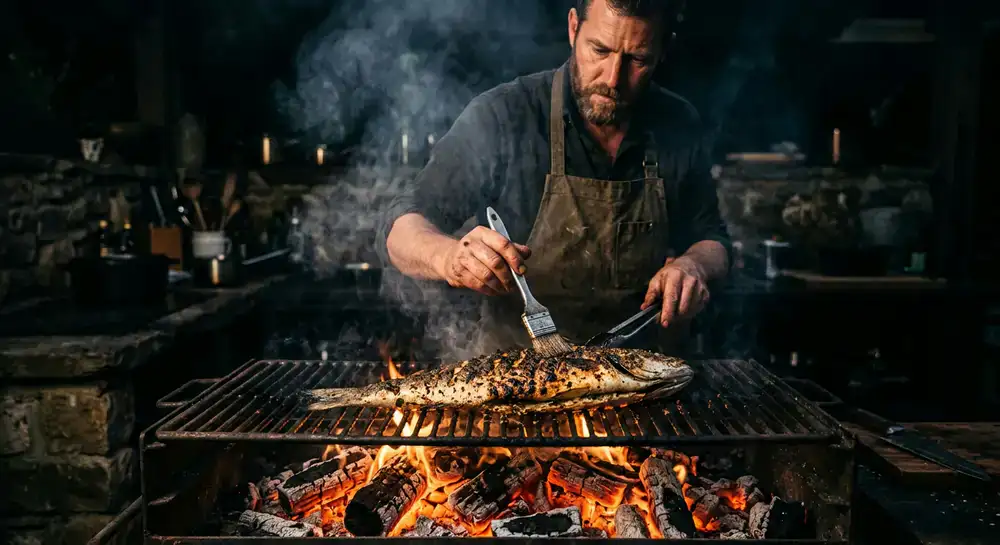 Chef grilling a whole fish over glowing wood embers