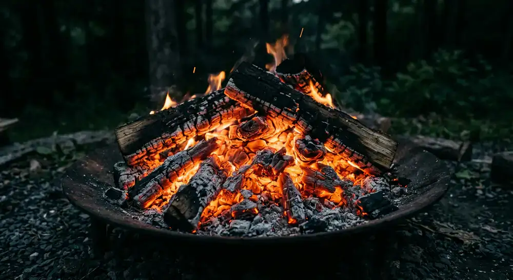 Wood aging and burning down to cooking coals