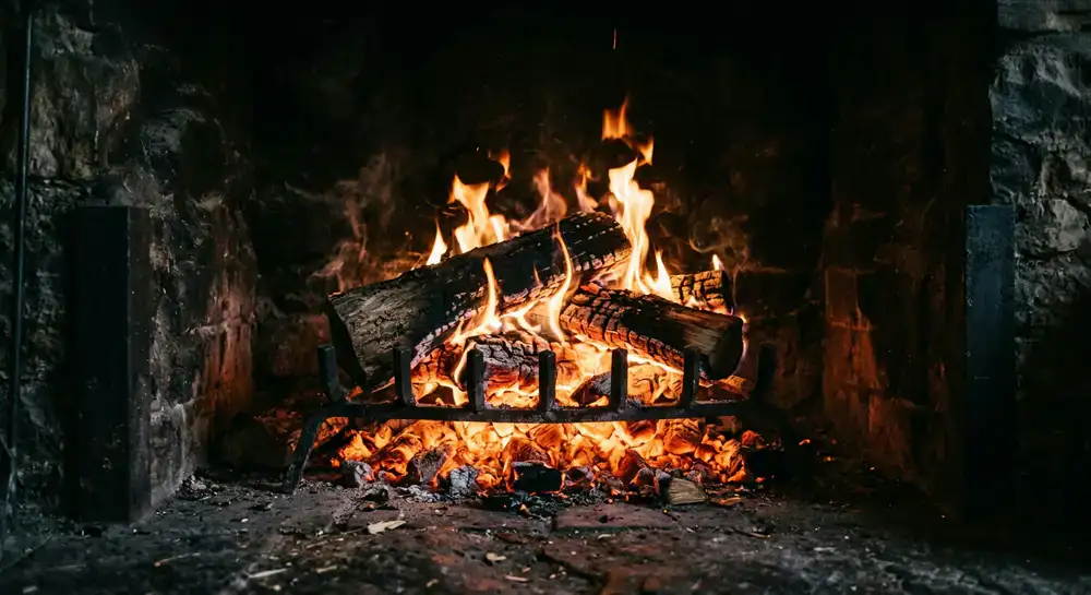Glowing coals and open flames in a dark hearth