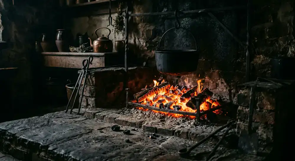 Glowing coals and embers in the open hearth of the kitchen