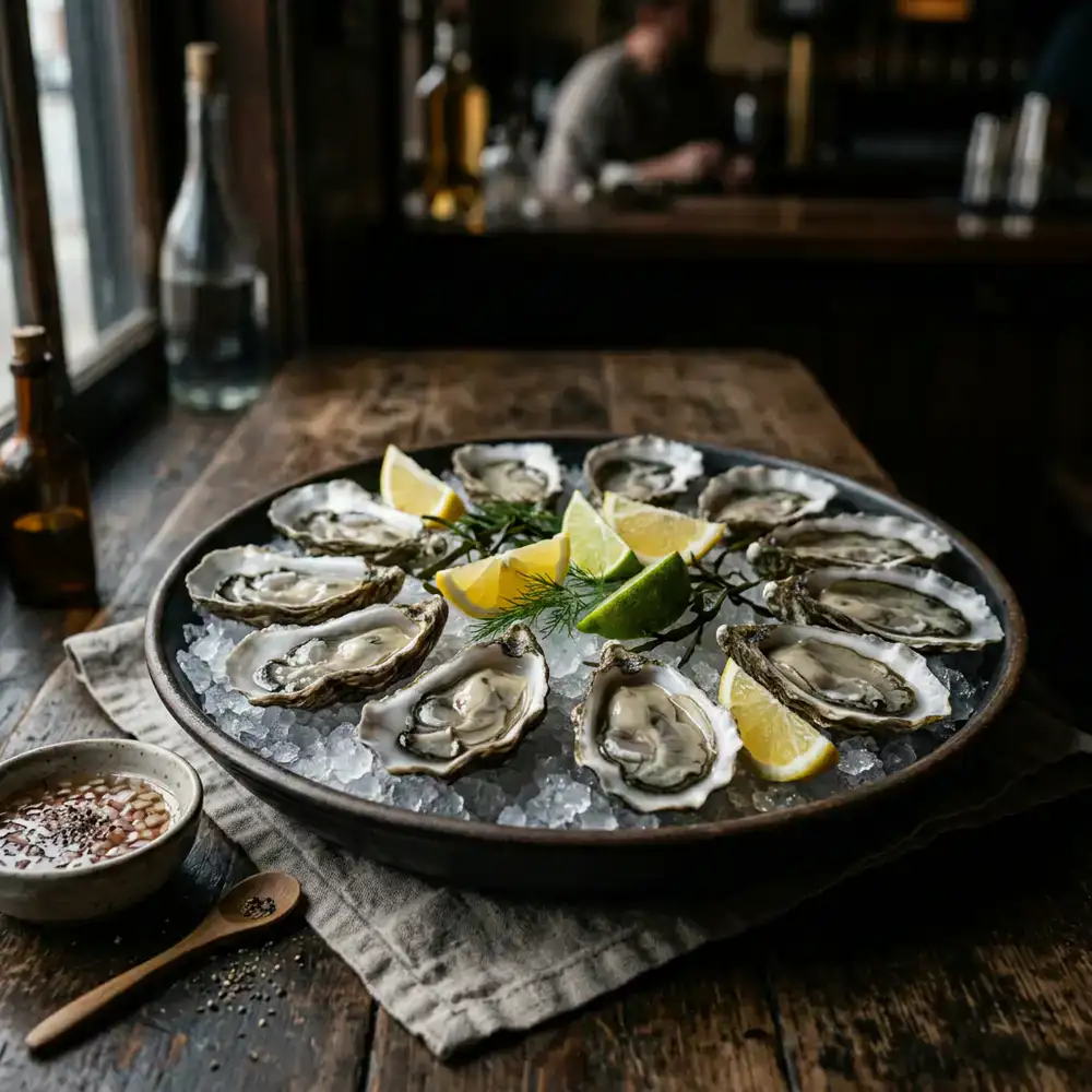 Fresh oysters on crushed ice with citrus wedges