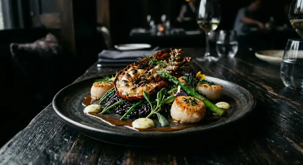 Artfully plated seafood over dark cinematic background