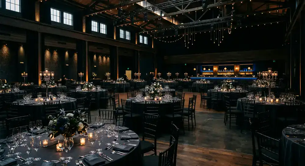The vast, dimly lit interior of Blue Ember set for a large exclusive event