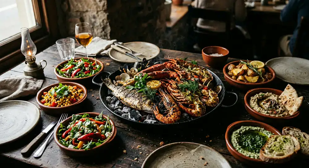 A dramatic spread of coal-roasted seafood and vibrant side dishes