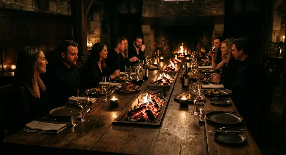 Long private dining table illuminated by glowing embers