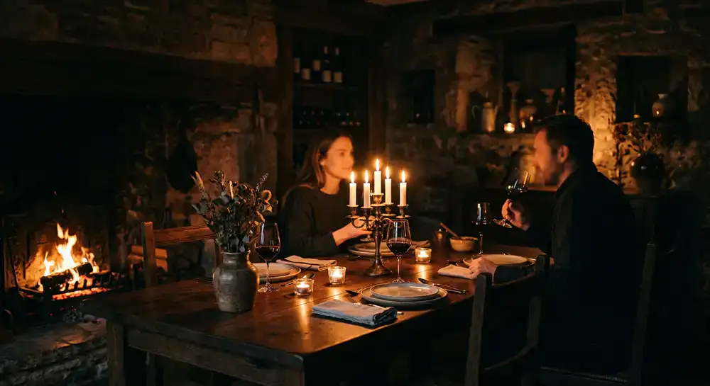 Dark, intimate dining room setting with glowing ember lighting