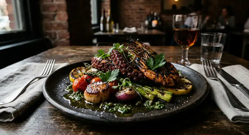 Charred seafood dish beautifully plated