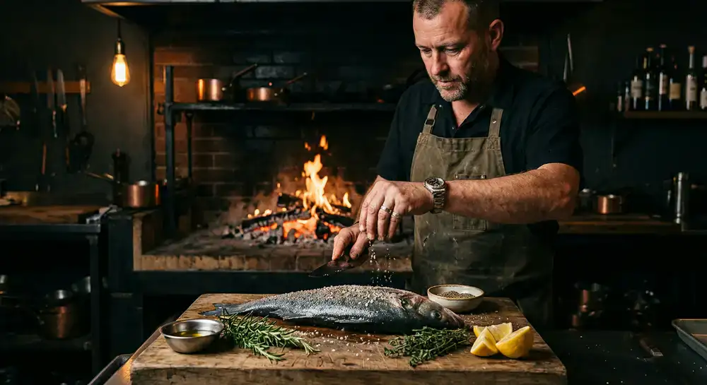 Chef preparing a whole fish for the open flame